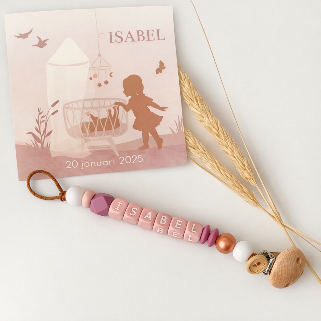 Ontwerp speenkoord in stijl geboortekaartje